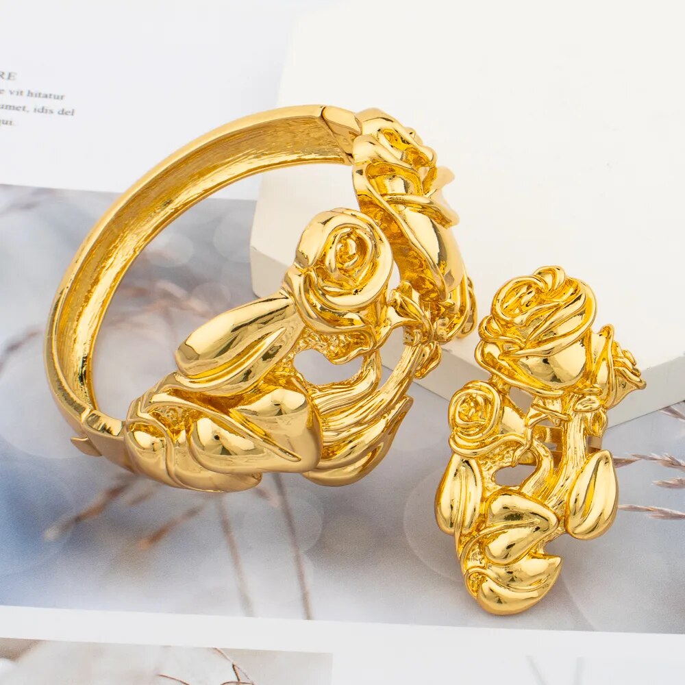 Gold Plated Bangle and Ring Set/Rose Design Hollow Bracelet 18k Gold plated Jewellery Set