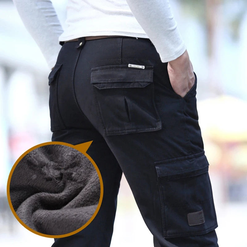 Men's Winter Fleece Warm Cargo Pants Casual Loose Multi Pocket Military Army Style Thick Long Trousers Plus Size 42 44
