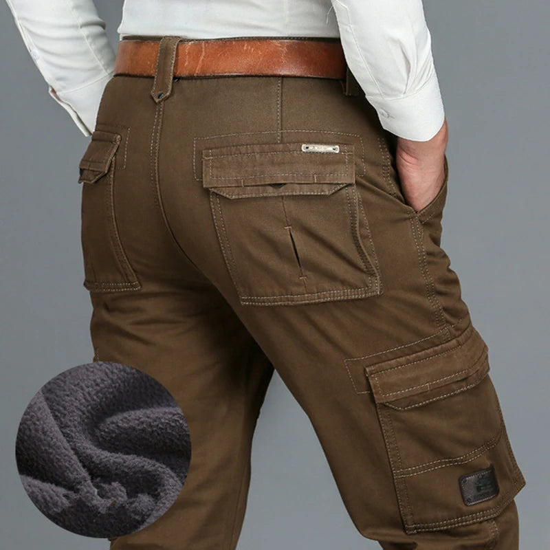 Men's Winter Fleece Warm Cargo Pants Casual Loose Multi Pocket Military Army Style Thick Long Trousers Plus Size 42 44