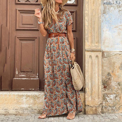 SUMMER HOT SALE!! Women V Neck Short Sleeve Paisley Print With Large Belt/Beach Long beach dress with belt