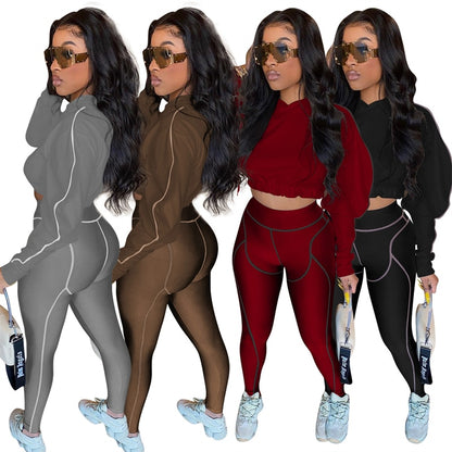 Women Patchwork Crop Tops Long Sleeve Tracksuit With Pullover Hood