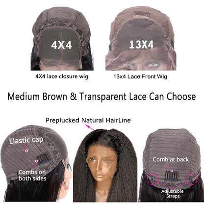 Ladies Yaki wig with a kinky straight texture, featuring a 13x4 HD lace frontal design