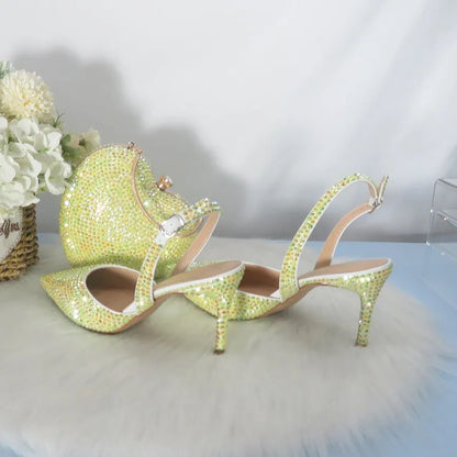 New Arrival Wedding/Party Yellow Bling Pointed Toe Slingbacks Shoes and Heart Shaped bag