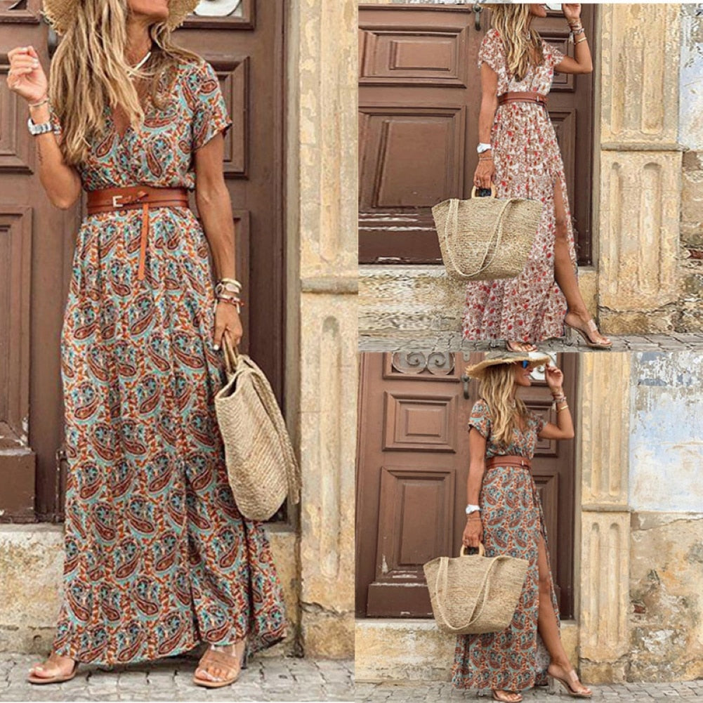 SUMMER HOT SALE!! Women V Neck Short Sleeve Paisley Print With Large Belt/Beach Long beach dress with belt