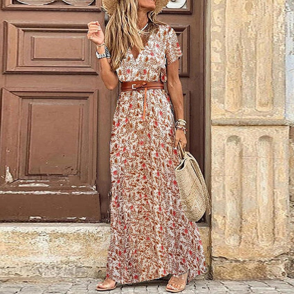 SUMMER HOT SALE!! Women V Neck Short Sleeve Paisley Print With Large Belt/Beach Long beach dress with belt