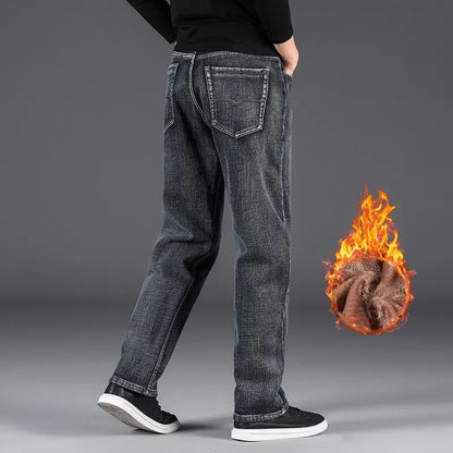 Winter Men Jeans Thicken Warm Fleece Business Casual Stretch Denim Retro Classic Loose Fashion Gray Pants big size 30-40 44