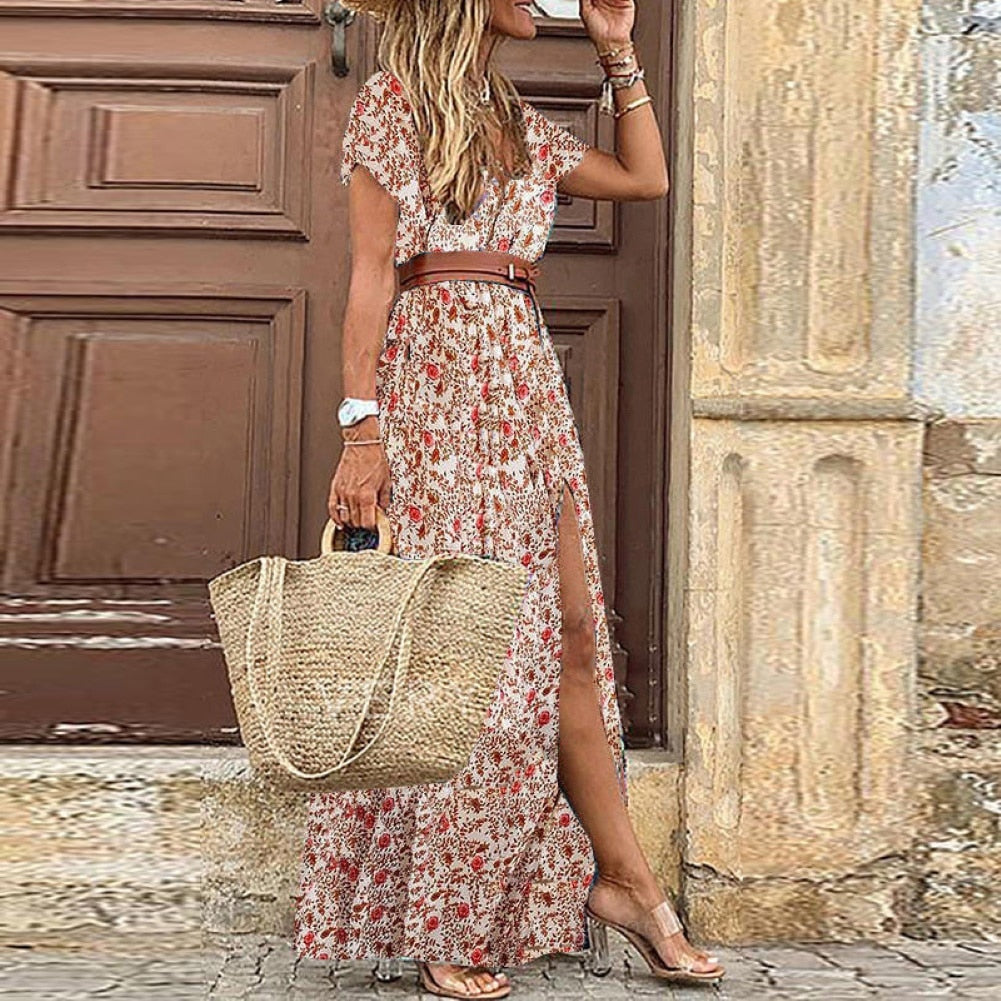 SUMMER HOT SALE!! Women V Neck Short Sleeve Paisley Print With Large Belt/Beach Long beach dress with belt