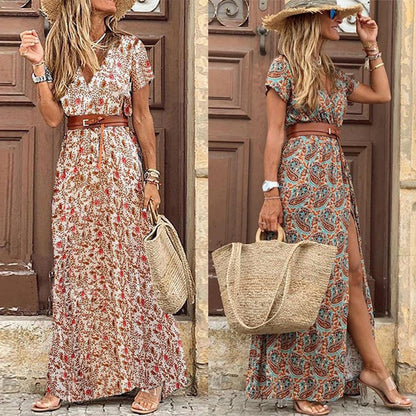 SUMMER HOT SALE!! Women V Neck Short Sleeve Paisley Print With Large Belt/Beach Long beach dress with belt