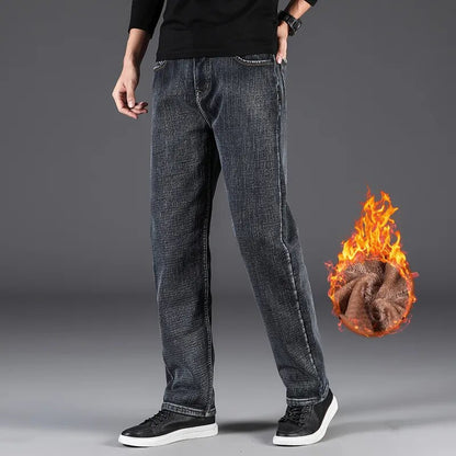 Winter Men Jeans Thicken Warm Fleece Business Casual Stretch Denim Retro Classic Loose Fashion Gray Pants big size 30-40 44