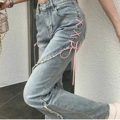 Y2k American Split Jeans For Ladies/High Waist Irregular Spliced Denim Pants