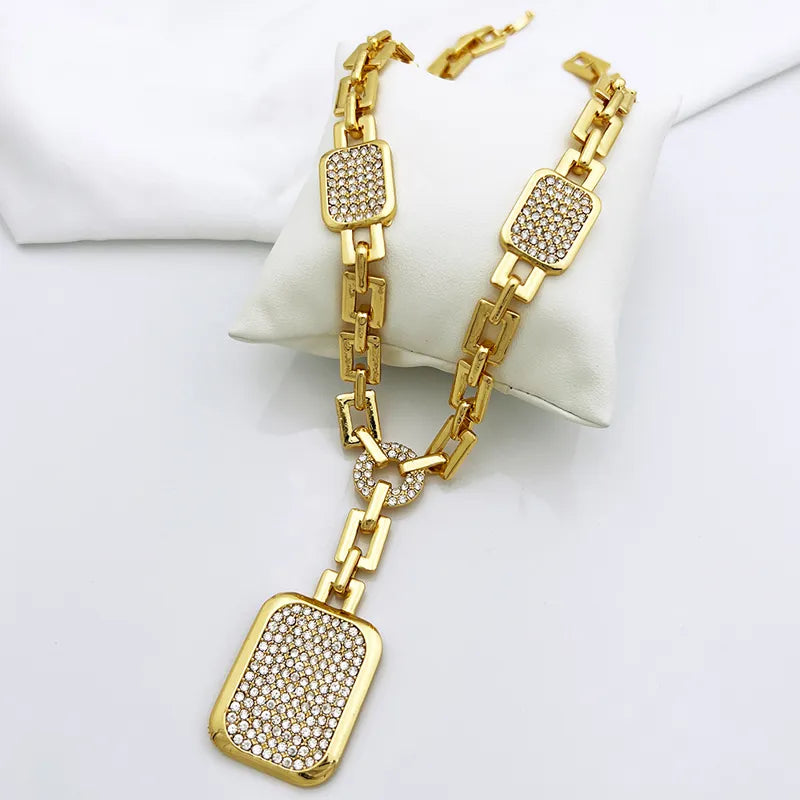 Dubai Gold Plated Jewelry Set Square Pendant Necklace Earrings Ring Bracelet For Women Bride Wedding Party Jewelry