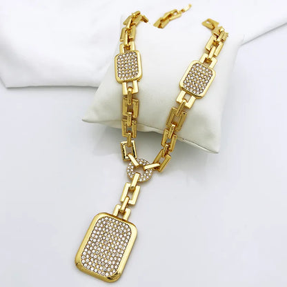 Dubai Gold Plated Jewelry Set Square Pendant Necklace Earrings Ring Bracelet For Women Bride Wedding Party Jewelry