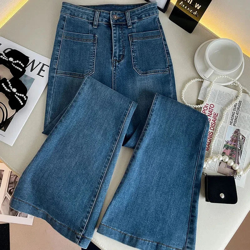 Women Classic High Waist Flare Jeans/Vintage Pockets Stretch Slim Straight Trousers /All-match Loose Washed Denim Trousers