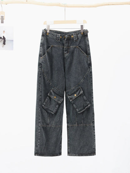 Street Cargo Jeans Women Big Pocket Oversize Loose Female Denim Pants Autumn Winter Hip Pop Retro Lady Wide Leg Trousers