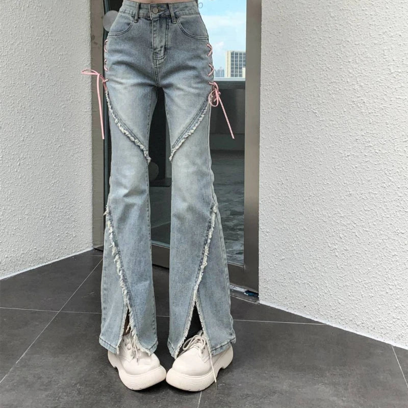 Y2k American Split Jeans For Ladies/High Waist Irregular Spliced Denim Pants