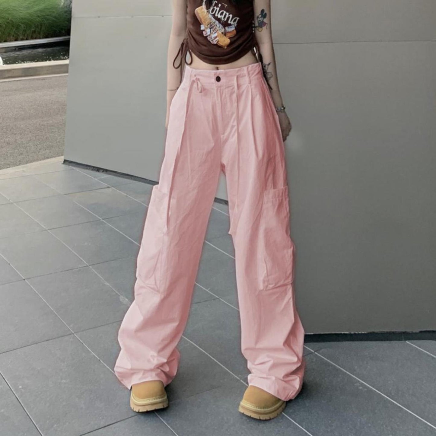 Ladies Oversize Loose Wide Leg Straight Cargo Trousers With Drawstring