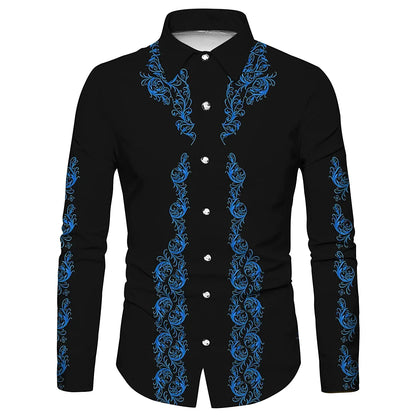 Trendy Luxury Social Men's Shirts Lapel Button Down Shirts Casual Western Style Printed Tops Men's Prom Cardigan Plus Size