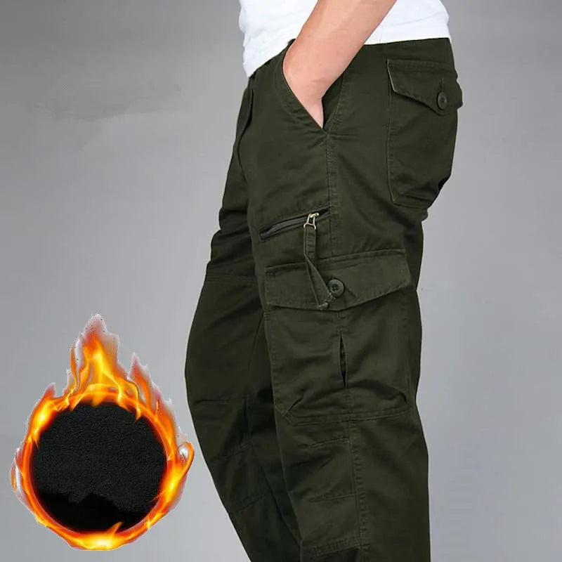 Winter Thick Fleece Casual Pants Men Cotton Military Tactical Baggy Cargo Pants Double Layer Warm Thermal Straight Long Trousers