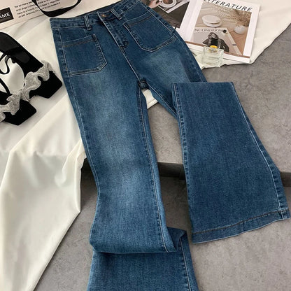 Women Classic High Waist Flare Jeans/Vintage Pockets Stretch Slim Straight Trousers /All-match Loose Washed Denim Trousers