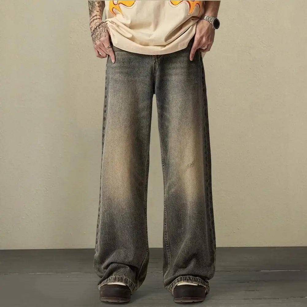Men Jeans Retro Hip Hop Straight Full Length Pockets/Men Long Denim Trousers