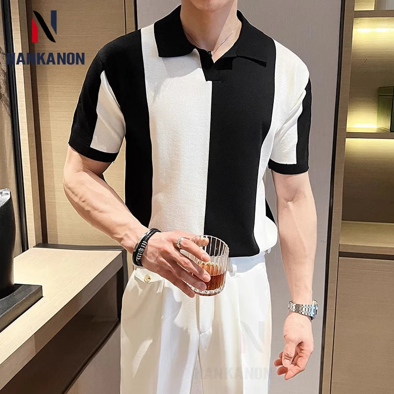 Business Leisure Men's Polo Shirt, Fashionable Spliced Slim-fit Men's Short-sleeved Top.2024New Stretch Short Sleeve T-shirt