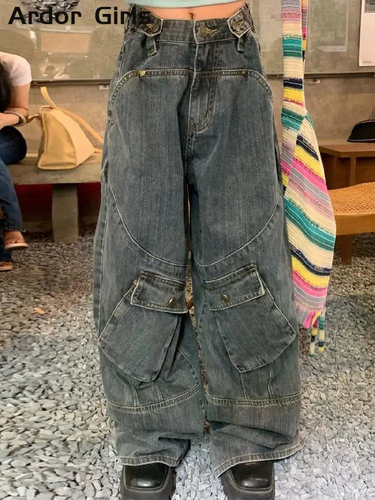 Street Cargo Jeans Women Big Pocket Oversize Loose Female Denim Pants Autumn Winter Hip Pop Retro Lady Wide Leg Trousers