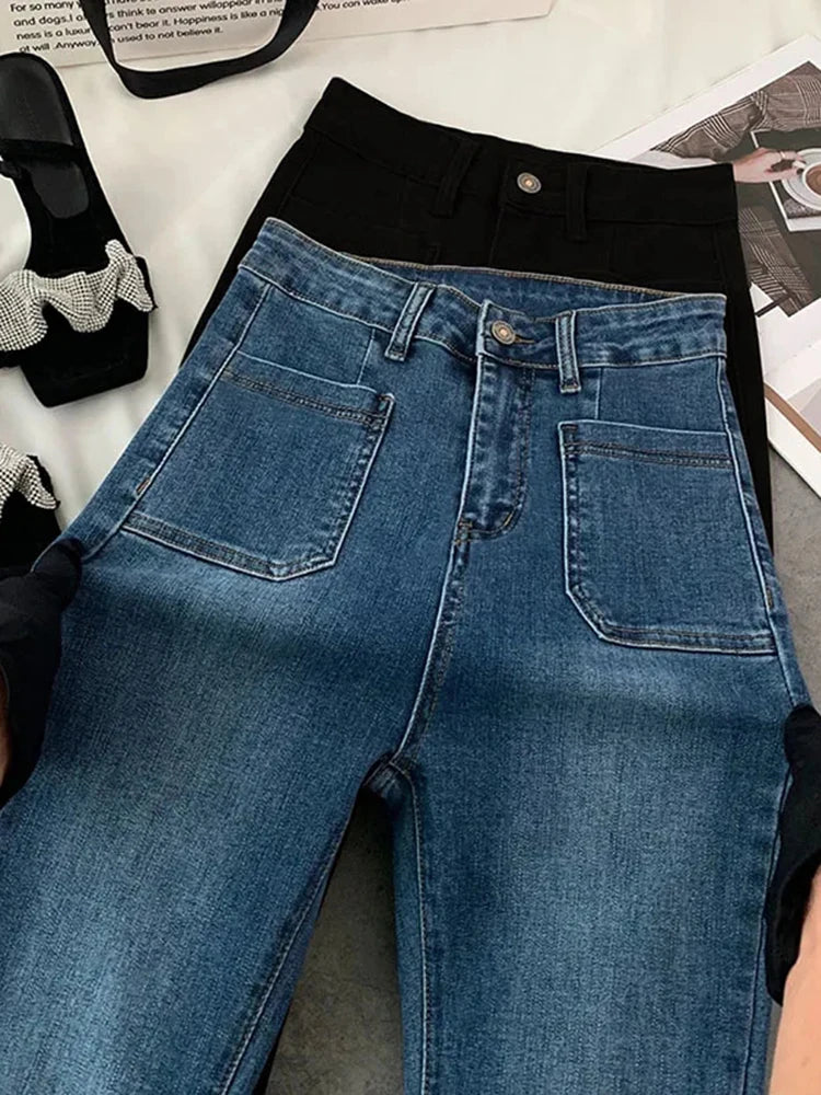 Women Classic High Waist Flare Jeans/Vintage Pockets Stretch Slim Straight Trousers /All-match Loose Washed Denim Trousers