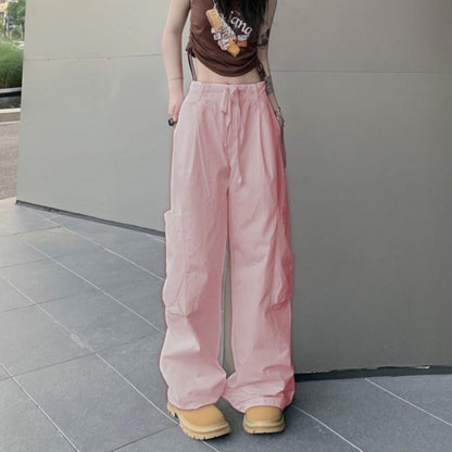 Ladies Oversize Loose Wide Leg Straight Cargo Trousers With Drawstring