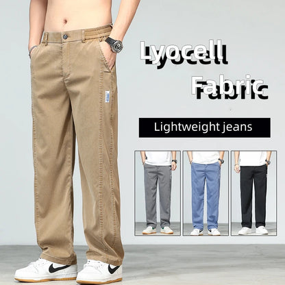 Quality Lyocell Fabric Men's Jeans Pants/Lightweight Straight Loose Wide Leg Long Soft Trousers