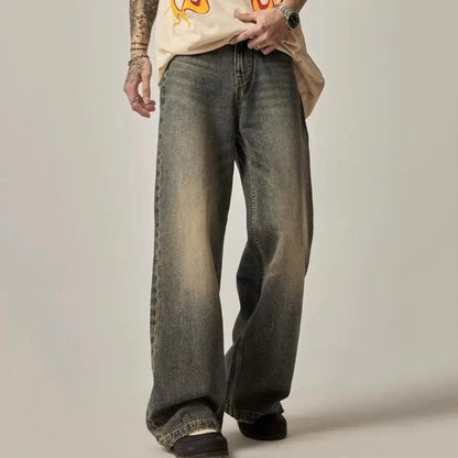 Men Jeans Retro Hip Hop Straight Full Length Pockets/Men Long Denim Trousers