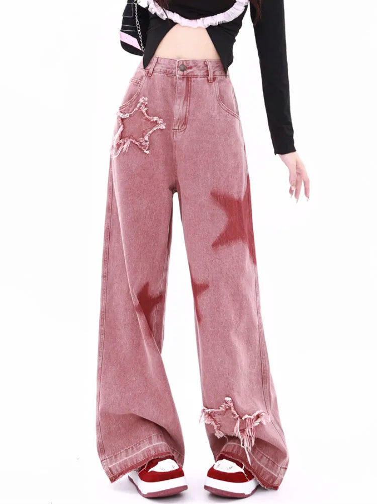 Y2k Street Cargo Pants Women Loose Five-point Star Patchwork Female Jeans Retro Lady Denim Wide Leg Trousers